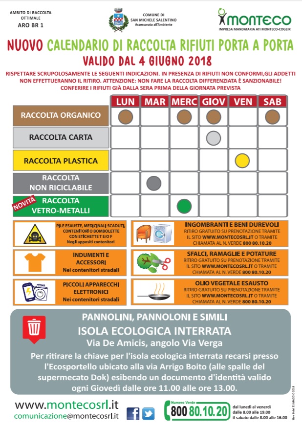 San Michele Salentino: nuovo calendario di raccolta rifiuti a partire dal 4 giugno 2018